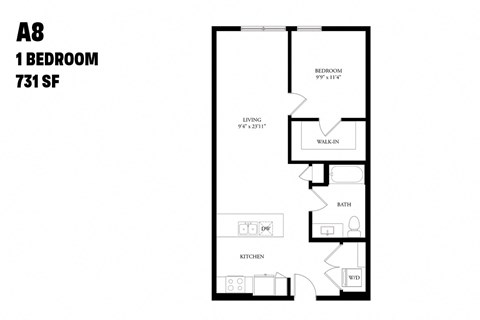 Floor plan for 1 bed, 1 bath, 731 sqft